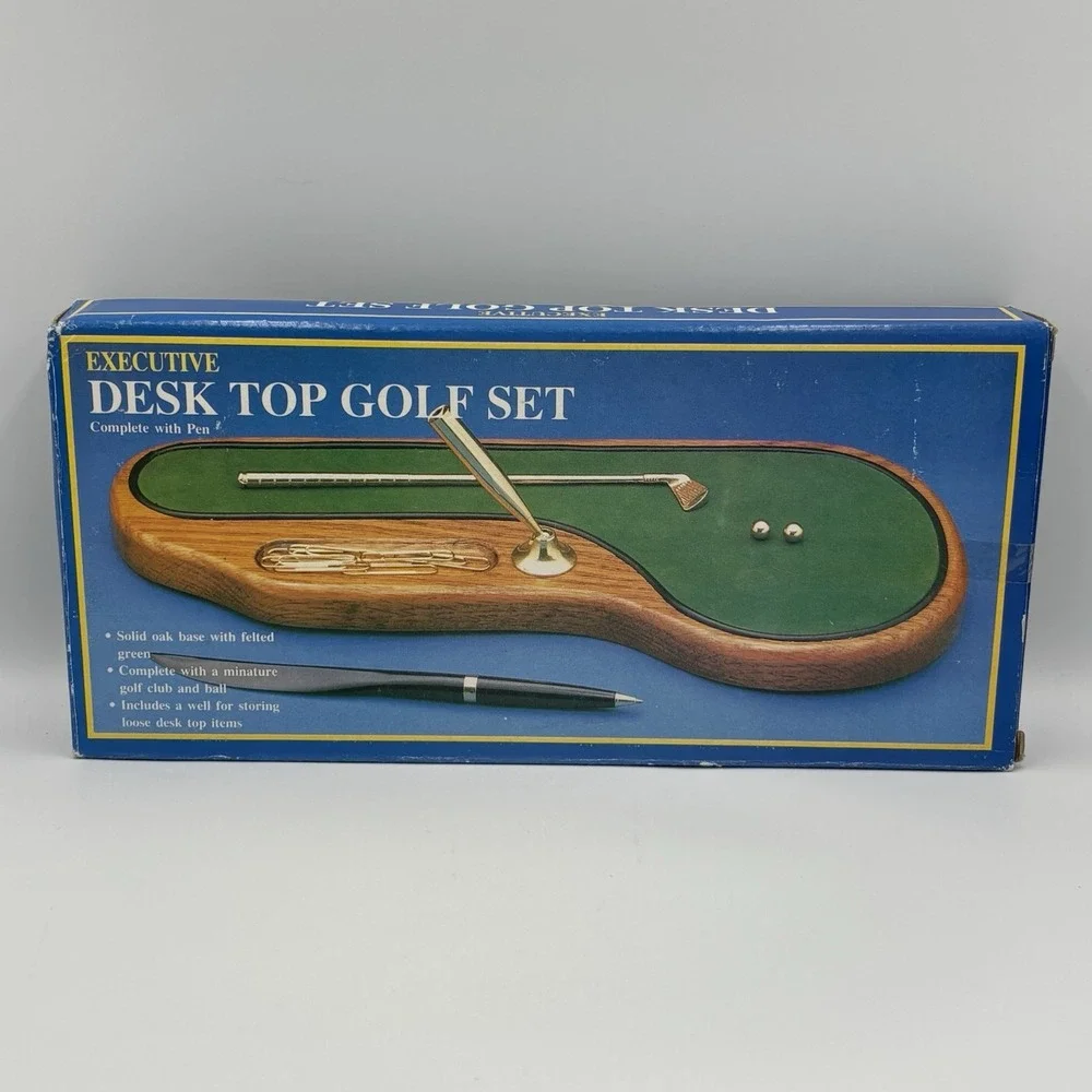 Vintage Desktop Pen Holder Golf Putting Green Walnut Base Man Cave Golf Open Box